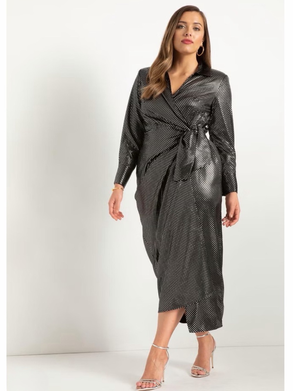 Eloquii Silver Metallic Shimmer Dot Satin Wrap Midi Dress Size 20